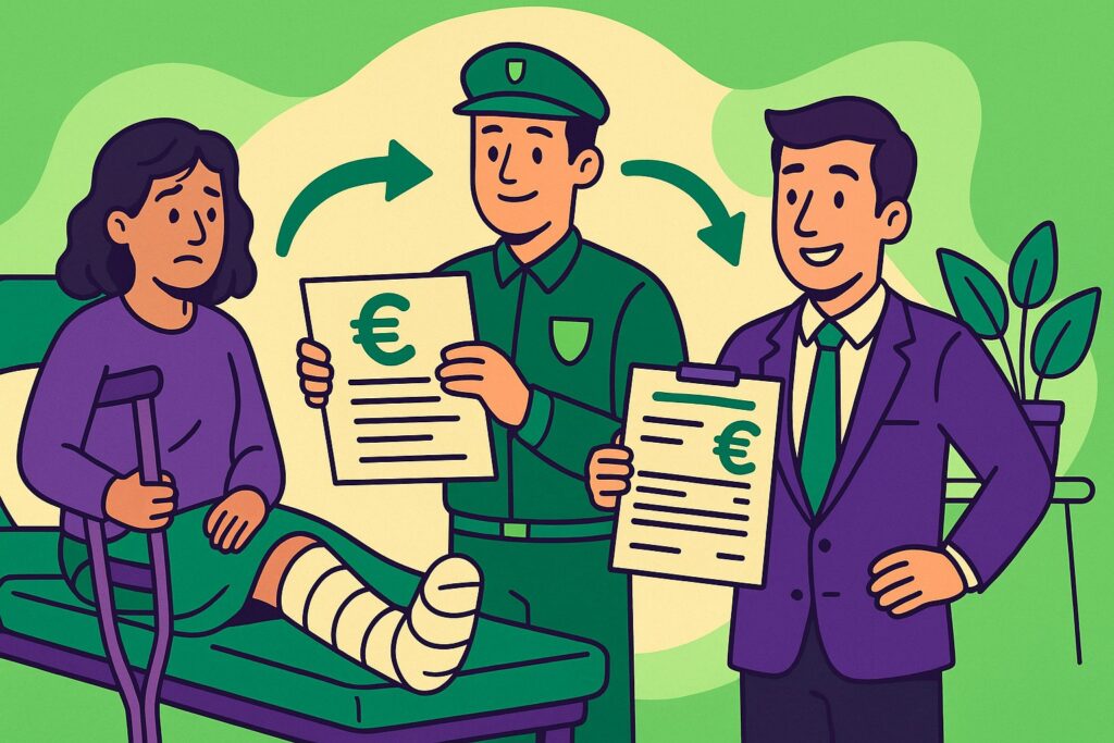 Illustration cartoon sur la subrogation des IJSS montrant une salariée blessée, un agent de la sécurité sociale transmettant des documents, et un employeur recevant les indemnités dans un processus de subrogation.