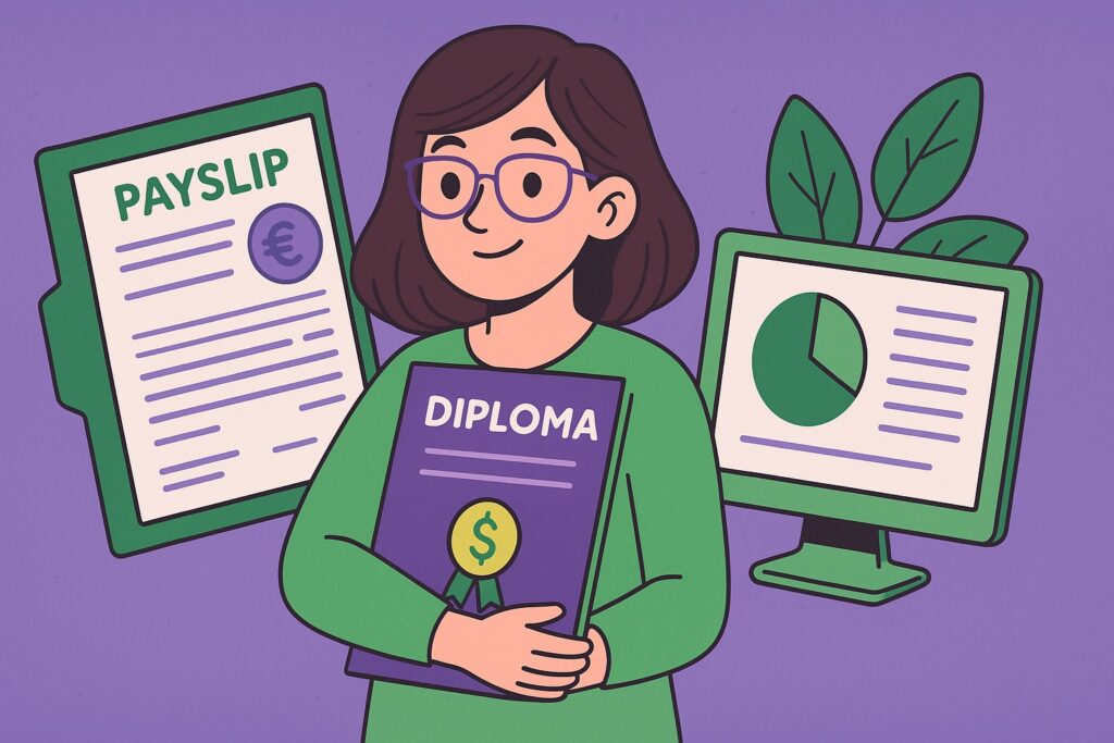 Illustration cartoon d’une femme tenant un diplôme symbolisant la formation pour devenir gestionnaire de paie, entourée d’un écran et d’une fiche de paie sur fond vert et violet.