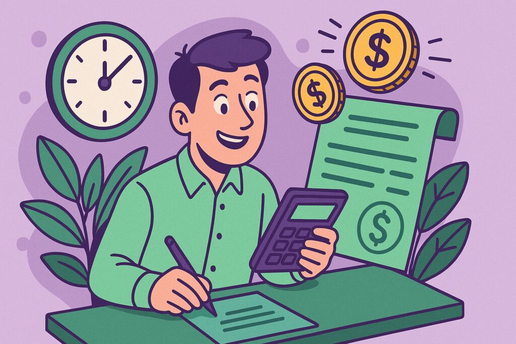 Illustration cartoon colorée montrant un salarié souriant en train de calculer ses revenus sur une calculatrice, avec une feuille de paie et des pièces de monnaie flottantes en arrière-plan, représentant le concept des heures supplémentaires exonérées de cotisations sociales et d'impôt sur le revenu.