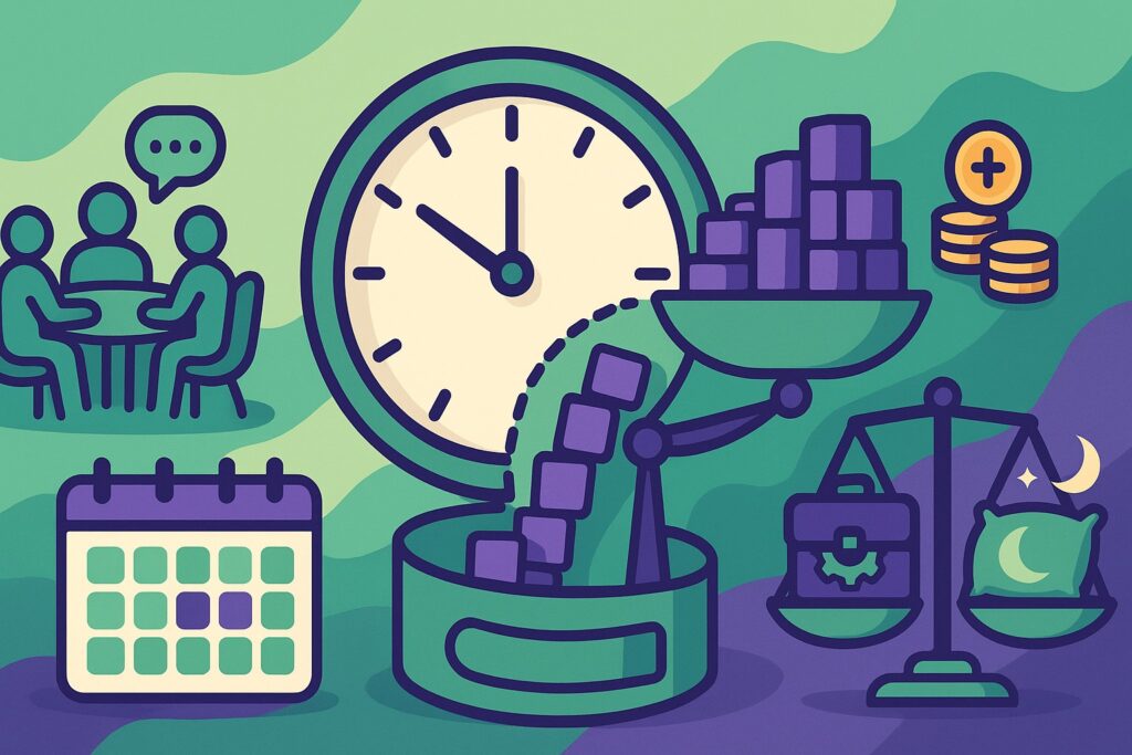 Cartoon vert et violet illustrant le contingent d'heures supplémentaires : horloge, calendrier, balance travail/repos et réunion CSE, symbolisant seuil 220 h, majorations et COR.
