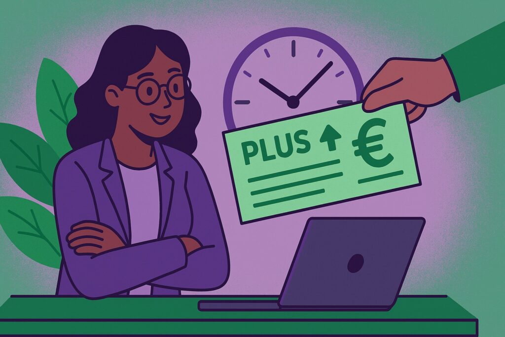 Illustration cartoon représentant une salariée recevant un bulletin de paie avec des heures complémentaires, symbolisant leur paiement avec majoration.