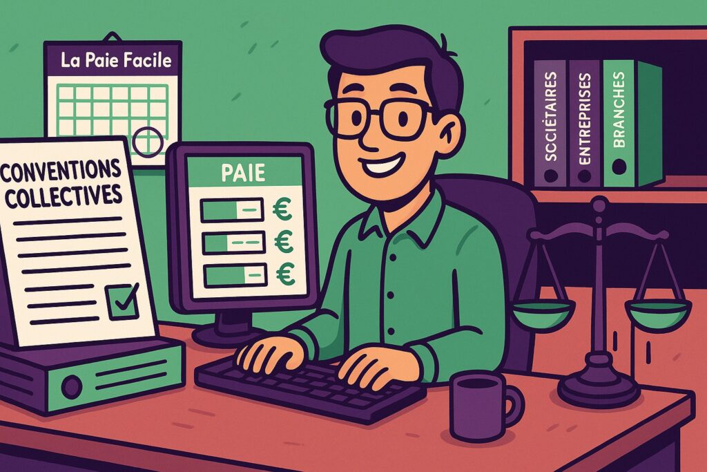 Illustration cartoon d’un gestionnaire de paie travaillant dans un bureau, entouré de documents et d’outils symbolisant le processus pour déterminer la convention collective applicable.