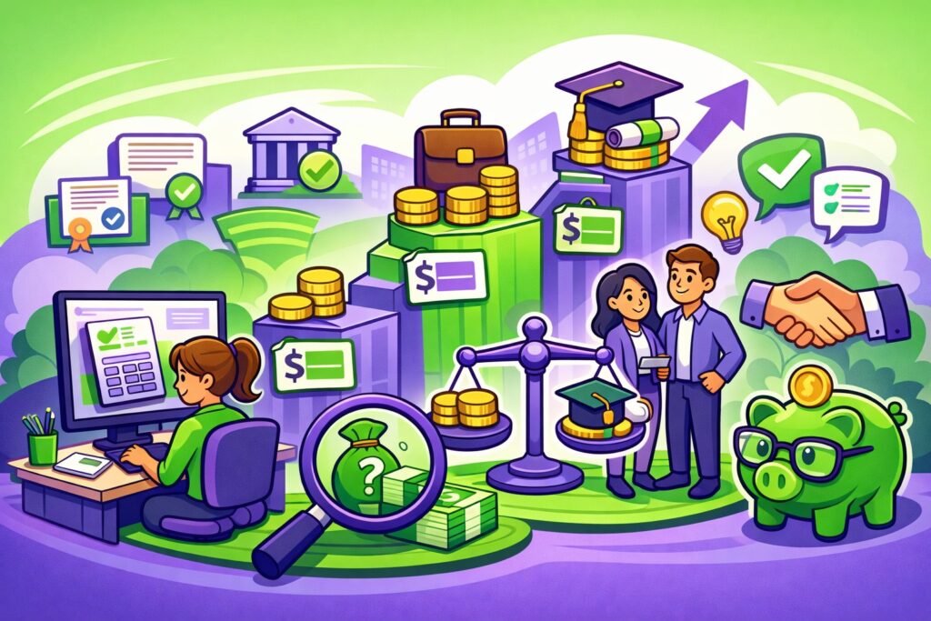 Illustration cartoon en vert et violet montrant combien coûte une formation gestionnaire de paie avec différents niveaux de prix et parcours de formation