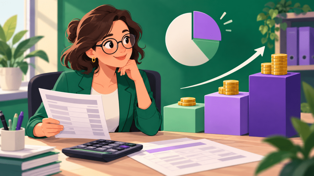 Illustration du calcul de la taxe sur les salaires : une gestionnaire de paie examine un bulletin devant une calculatrice et trois paliers de rémunération.