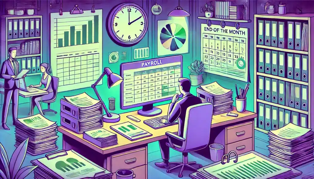Illustration cartoon représentant les périodes de forte charge de travail en gestion de la paie, avec un bureau occupé, des documents, un calendrier et des employés multitâches, reflétant l'intensité de ces périodes critiques.