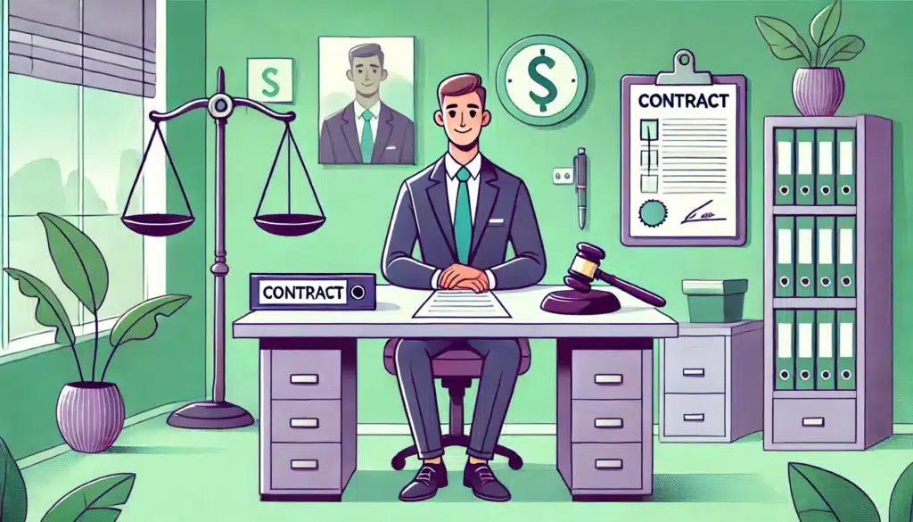 Illustration cartoon représentant un bureau professionnel avec un employé et des éléments symboliques liés à la clause d'exclusivité, tels qu'une balance de justice et un dossier contractuel, dans des tons verts et violets.