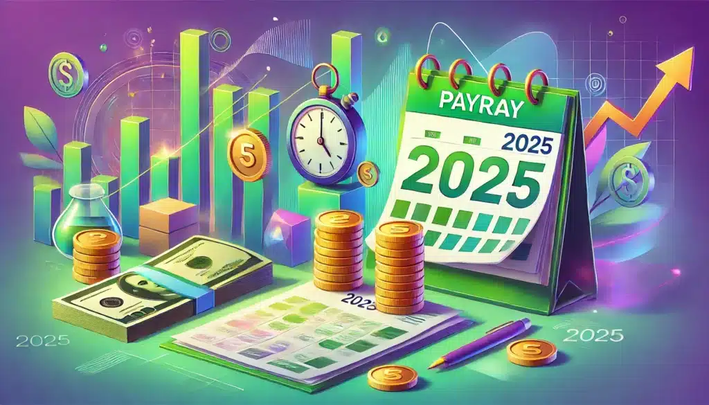 Illustration colorée et en mode cartoon représentant les nouveautés paie 2025, avec des éléments visuels comme un calendrier 2025, des graphiques sur une tablette et des pièces de monnaie, le tout sur un fond vert et violet symbolisant les mises à jour financières.