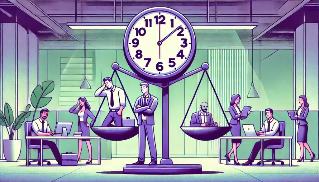 Illustration cartoon sur l'augmentation de la durée annuelle du travail, montrant un bureau moderne avec des employés discutant du temps de travail. Une balance symbolise l'équilibre entre surcharge de travail et bien-être, avec un employé stressé d'un côté et un autre détendu de l'autre.