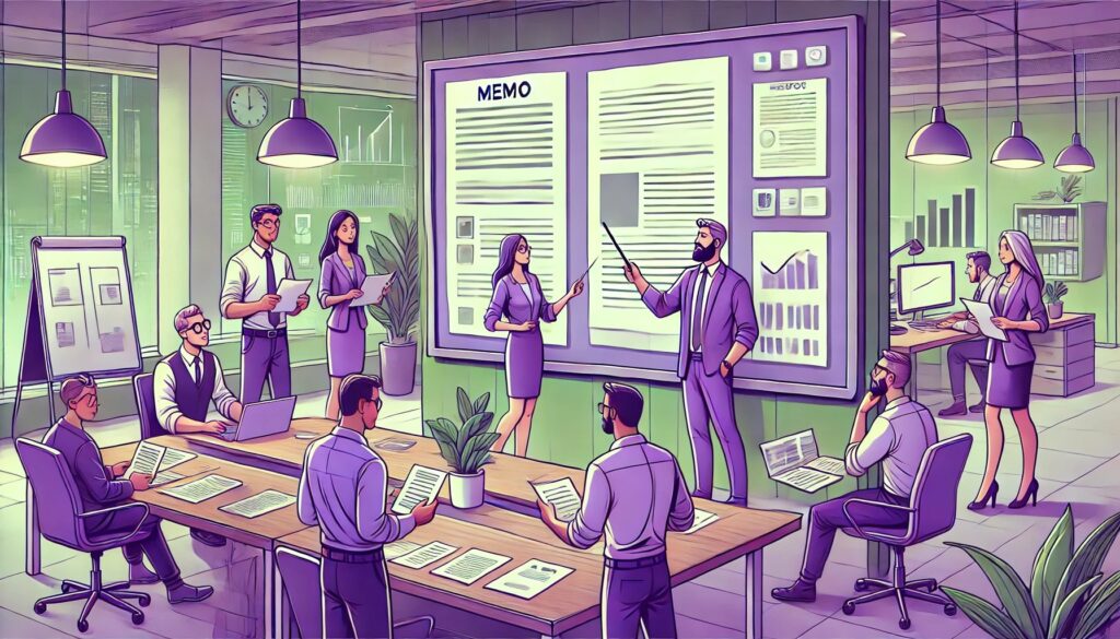 Illustration cartoon d'un bureau où des employés discutent d'une note de service affichée sur un tableau. Un responsable explique le document à son équipe dans un environnement de travail collaboratif, avec des couleurs dominantes vert et violet.
