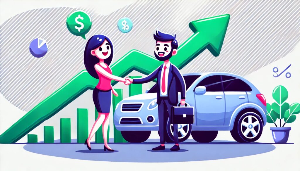 Illustration en style cartoon montrant une personne achetant un véhicule, avec un concessionnaire souriant à côté d'une voiture brillante. En arrière-plan, une courbe ascendante symbolise la hausse du taux des avantages en nature (AEN) véhicule. Les couleurs dominantes sont le vert et le violet, renforçant une ambiance dynamique et positive