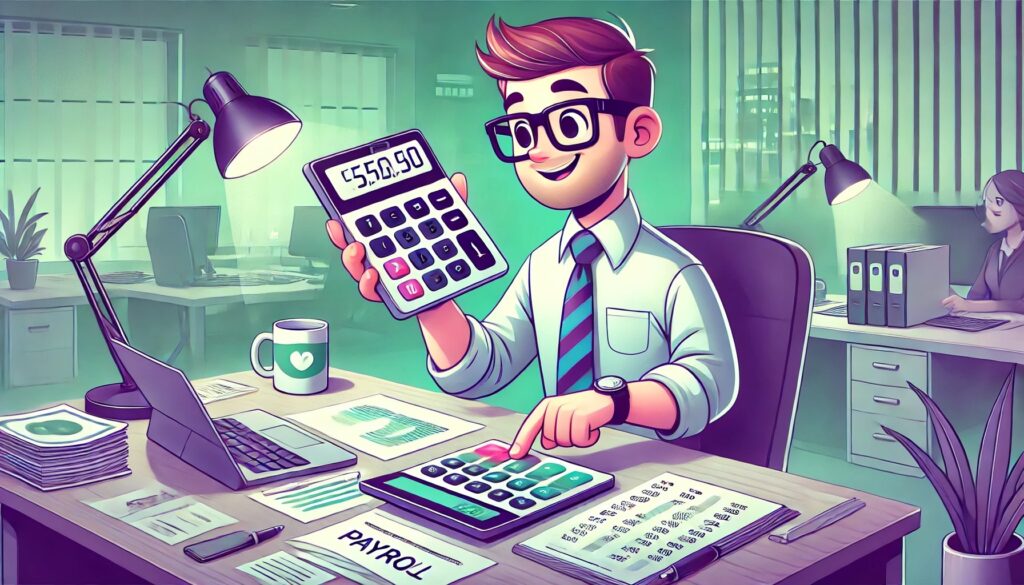 Illustration cartoon d’un gestionnaire de paie calculant le montant maximal IJSS maladie avec une calculatrice, entouré de documents financiers et d’un ordinateur dans un bureau aux teintes dominantes vert et violet.