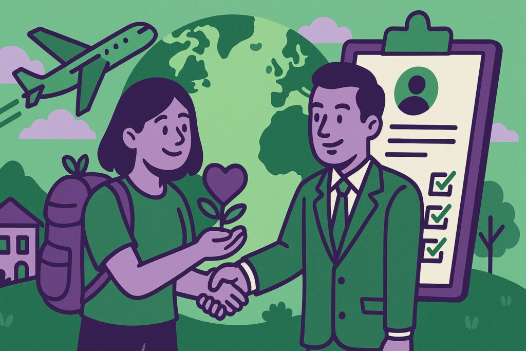 Illustration cartoon représentant le congé de solidarité internationale : une femme avec un sac à dos serre la main d’un employeur devant un globe, symbolisant une mission humanitaire à l’étranger.