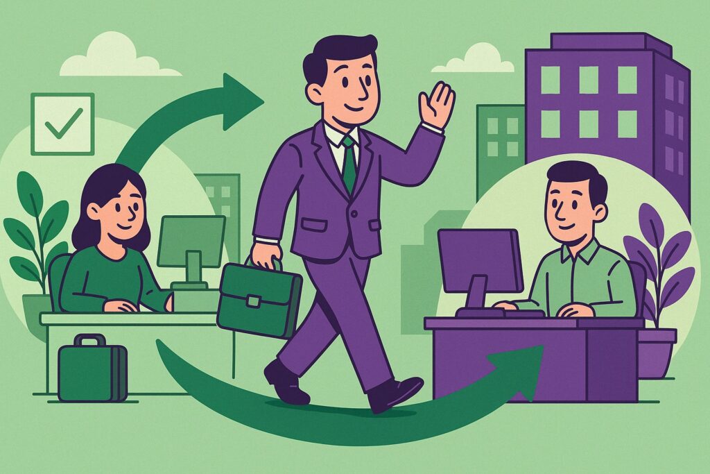 Illustration cartoon représentant la mobilité volontaire sécurisée, avec un salarié passant d’une entreprise à une autre, symbolisant la suspension temporaire de son contrat de travail.