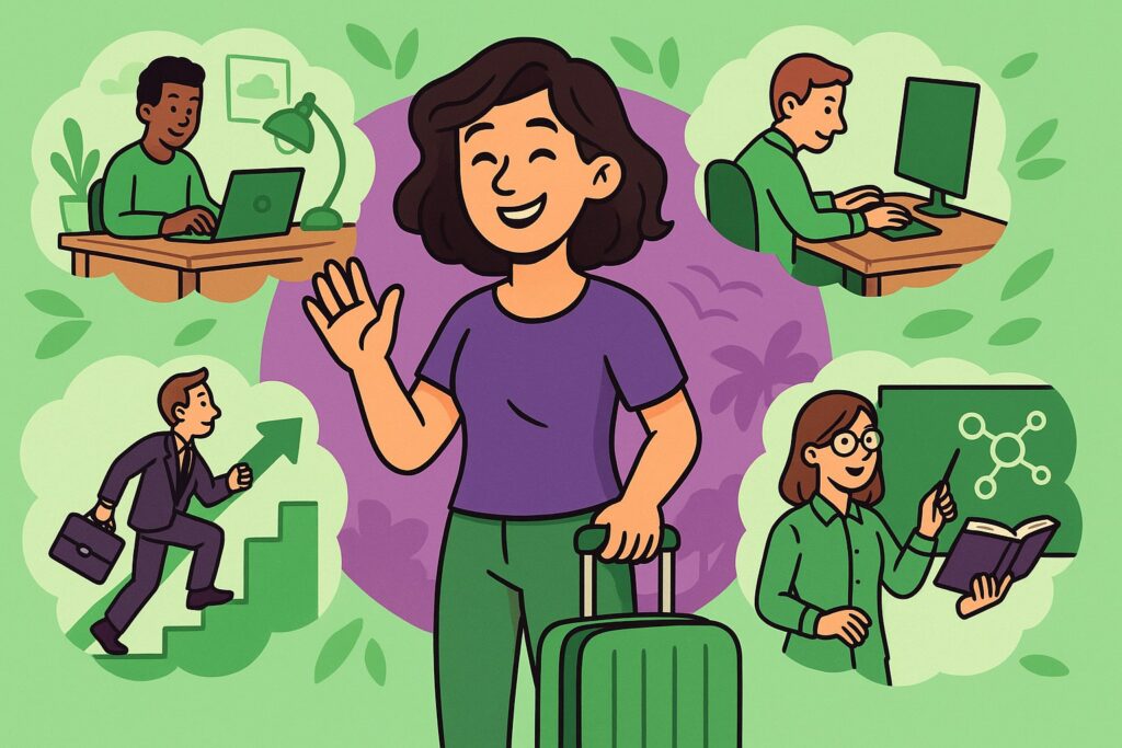 Illustration cartoon représentant différents types de congés pour convenance personnelle, avec une femme en tenue décontractée tenant une valise, entourée de scènes illustrant le congé sabbatique, le congé sans solde, la mobilité volontaire sécurisée et le congé d’enseignement ou de recherche.