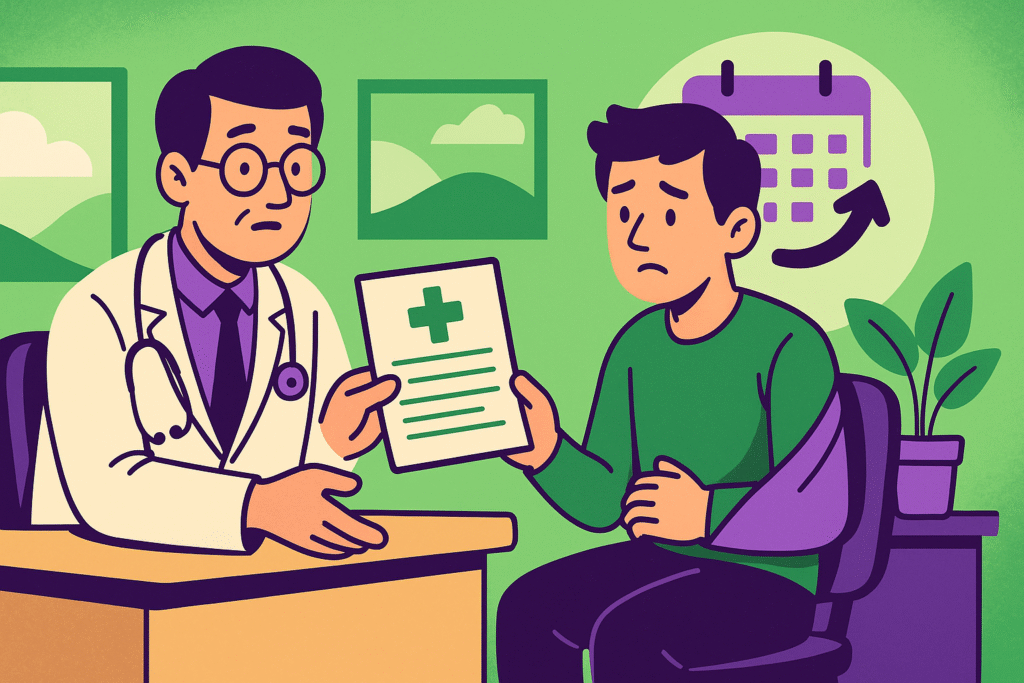 Consultation médicale pour une prolongation d’arrêt de travail entre un médecin et un salarié