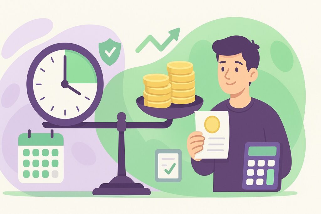 Illustration cartoon vert et violet sur le smic 15 h : balance temps-salaire, pièces et calculatrice.