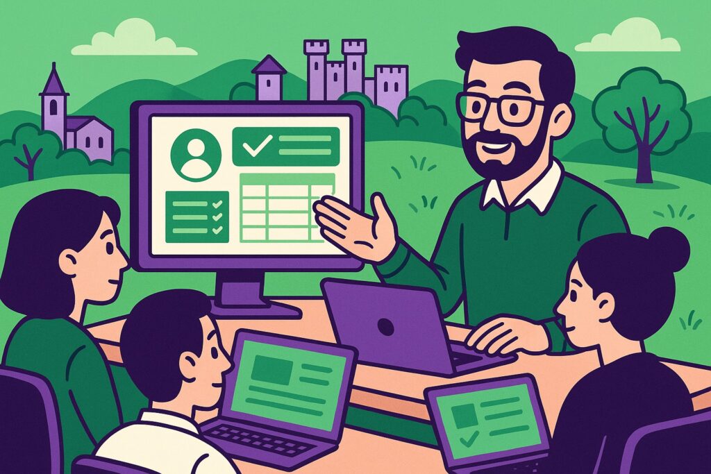 Illustration cartoon en vert et violet représentant une formation Silae Ardèche, avec un formateur et des apprenants travaillant sur le logiciel de paie dans un décor inspiré de l’Ardèche.
