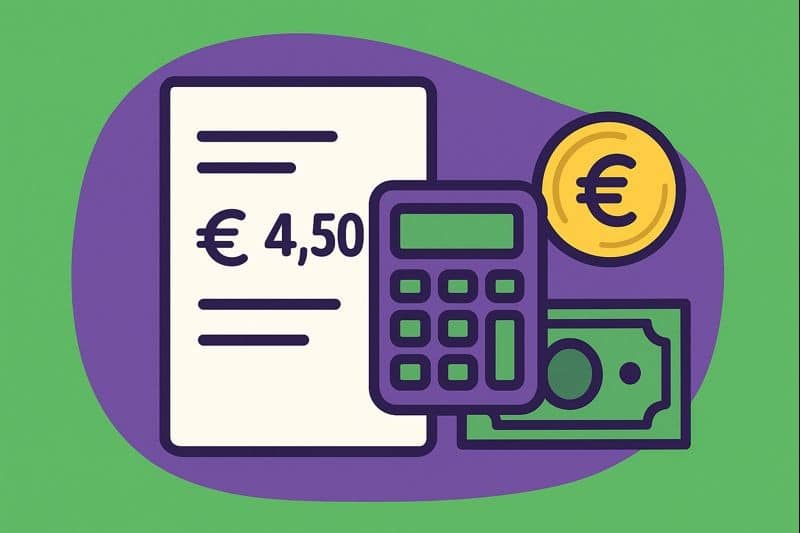 Illustration en mode cartoon aux couleurs vert et violet représentant des éléments de paie et de calcul financier (document, calculatrice, pièces et billets), symbolisant la gratification des stagiaires 2026 et son indexation sur le plafond horaire de la Sécurité sociale.