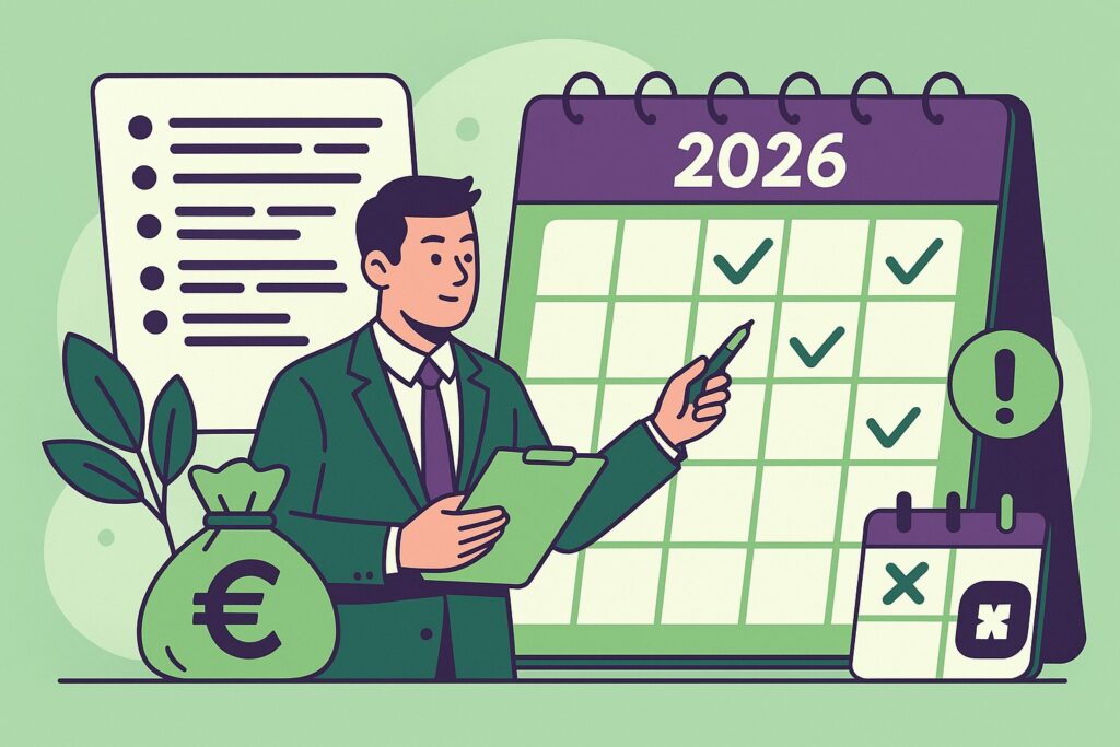 Illustration cartoon sur les jours fériés 2026 en gestion de la paie avec calendrier, organisation du travail et impact sur la rémunération
