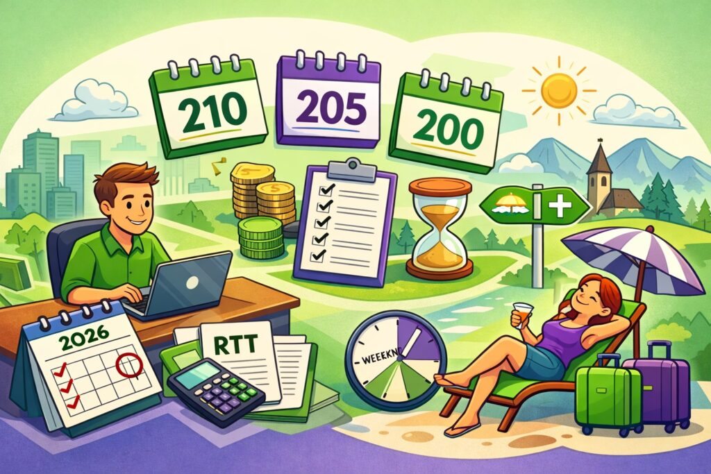 Illustration du calcul RTT forfait jours réduit en 2026 avec calendrier annuel, calculateur et documents RH représentant le recalcul des jours de repos pour un forfait jours réduit