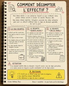 Infographie de Anthony Roca sur le calcul effectif entreprise présentant les différences entre le décompte Sécurité sociale et le décompte Code du travail selon l'obligation concernée.