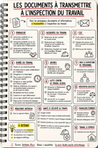 Infographie d'Anthony Roca sur les principaux documents à transmettre à l’inspection du travail concernant l’embauche, le CSE, la durée du travail et la sécurité.