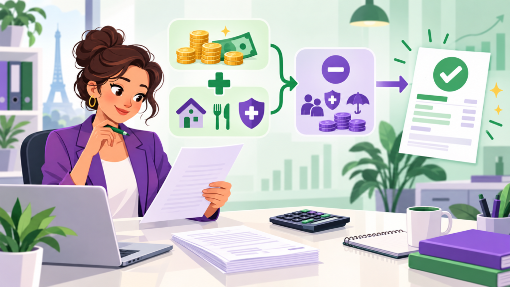 Illustration d’une gestionnaire de paie effectuant le calcul du montant net social à partir des revenus et des cotisations