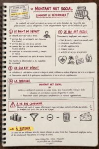 Infographie d'Anthony Roca expliquant le calcul du montant net social à partir des revenus bruts et des cotisations salariales déductibles