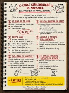 Infographie d'Anthony Roca sur le congé supplémentaire de naissance et la retraite : seuil de 58 jours indemnisés, un trimestre par parent et exemples de validation.