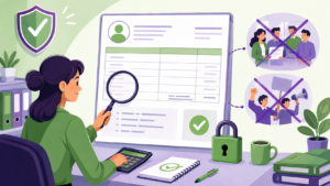 Illustration cartoon en vert et violet sur les mentions interdites sur le bulletin de paie, avec un gestionnaire de paie contrôlant une fiche de paie et des éléments interdits barrés.
