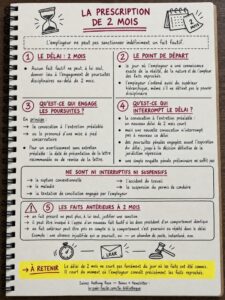 Infographie d'Anthony Roca expliquant la prescription des faits fautifs, son délai de deux mois, son point de départ et les événements qui l’interrompent.