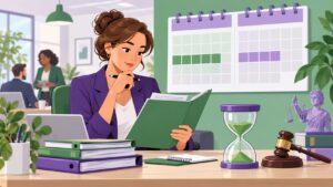 Prescription des faits fautifs illustrée par une professionnelle RH, un calendrier de deux mois et un sablier.
