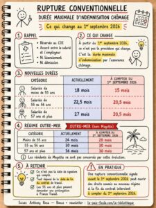 Infographie d'Anthony Roca sur la rupture conventionnelle et le chômage en 2026 comparant les durées maximales d'indemnisation avant et depuis le 1er septembre selon l'âge et l'outre-mer.