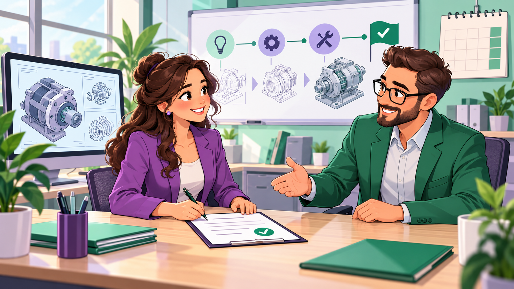 Illustration cartoon en vert et violet d’une ingénieure signant un CDD à objet défini avec un responsable RH, devant un tableau présentant les étapes du projet.