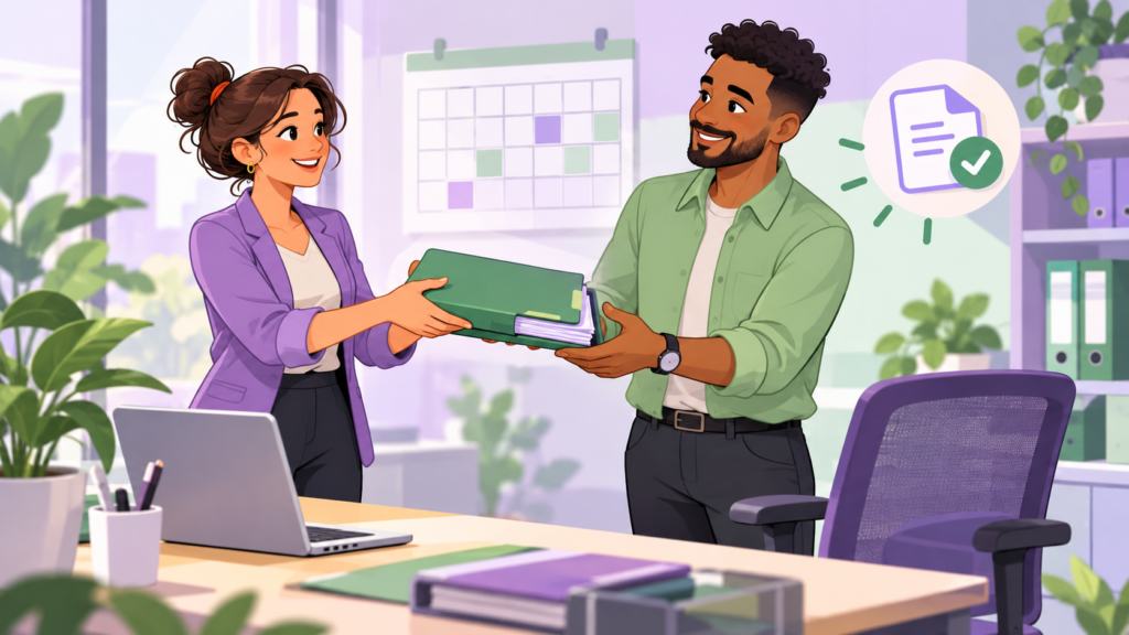 Illustration cartoon de deux collègues se transmettant des dossiers dans un bureau aux couleurs vertes et violettes, symbolisant un CDD de remplacement.