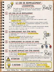Infographie d'Anthony Roca sur le CDD de remplacement : cinq cas de recours, remplacement partiel ou en cascade et identification obligatoire du salarié remplacé.