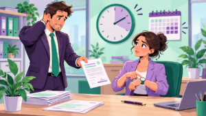 CDD remis en retard : un employeur tend un contrat à une salariée qui montre sa montre, dans un bureau illustré en cartoon vert et violet.