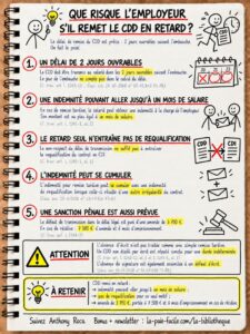 Infographie d'Anthony Roca sur le CDD remis en retard : délai de deux jours ouvrables, indemnités, sanctions pénales et distinction avec l’absence d’écrit ou de signature.