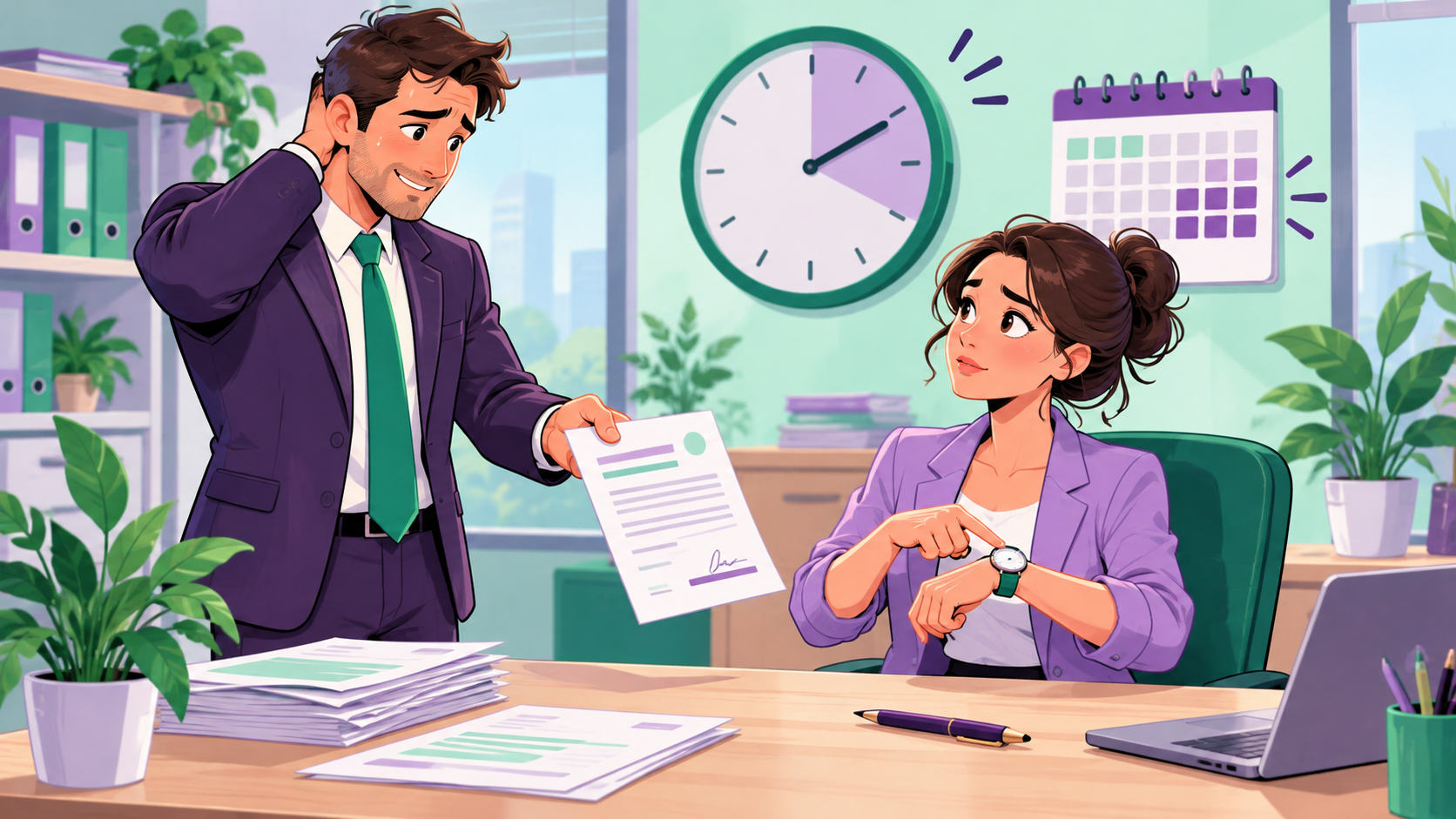 CDD remis en retard : un employeur tend un contrat à une salariée qui montre sa montre, dans un bureau illustré en cartoon vert et violet.