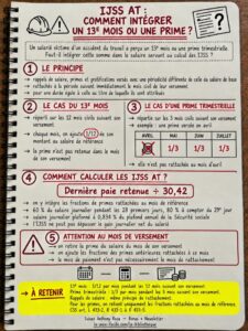 Infographie d' Anthony Roca sur les IJSS AT et primes : répartition du 13e mois sur douze mois, des primes trimestrielles sur trois mois et calcul du salaire journalier.