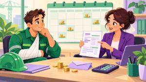Illustration cartoon des IJSS AT et primes : une gestionnaire de paie explique le calcul à un salarié blessé, devant un calendrier évoquant la répartition des primes.