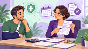 Illustration cartoon d’une gestionnaire de paie expliquant les ijss imposables à un salarié blessé, dans un décor vert et violet.