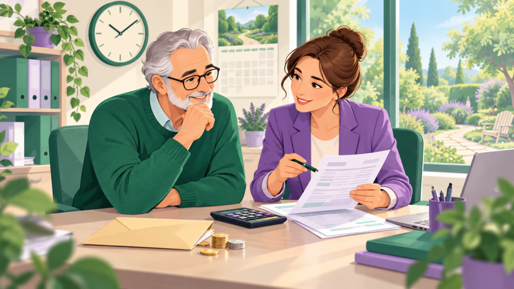 Illustration cartoon d’un salarié senior et d’une gestionnaire de paie examinant le calcul de son indemnité de départ après une retraite progressive.