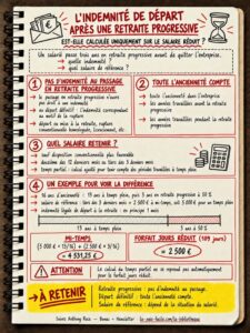 Infographie d'Anthony Roca sur l’indemnité de départ après une retraite progressive : ancienneté, salaire de référence et comparaison entre mi-temps et forfait jours réduit.