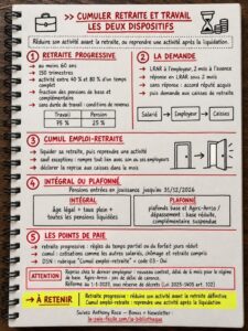 Infographie d'Anthony Roca comparant retraite progressive et cumul emploi-retraite : conditions, démarches, plafonds et points de vigilance en paie.